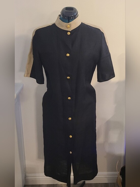 Valentino Dresses & Skirts - Valentino Miss Vintage Midi Shirt Dress Black with Cream Trim Gold Buttons, M